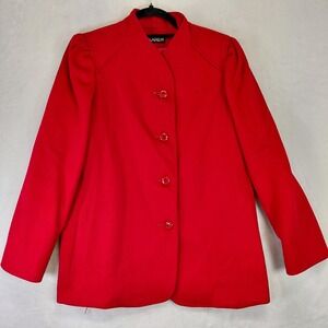Vintage Karen Red 100% Pure Wool Mock Neck Puff Shoulder Button Front Coat